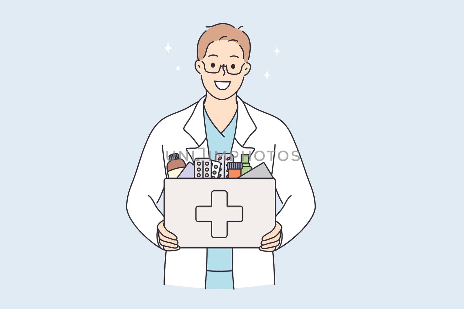 Pharmacy and selling drugs concept. Pharmacist standing and holding bag with pharmacy drugs treatment in bottle alone looking at camera vector illustration