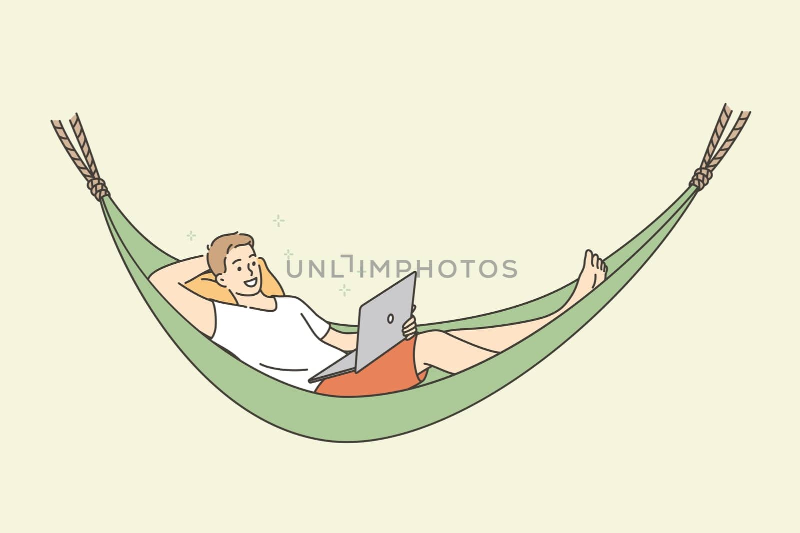 Distant work freelance and rest concept. Young smiling man cartoon character relaxing in hammock having rest watching movie or having freelance distant remote work vector illustration