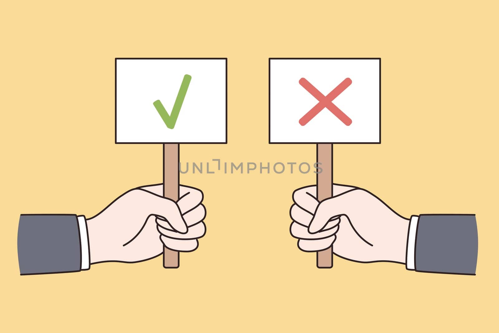 Correct and incorrect signs concept. Hands of people holding signs with green mark approval and red denying symbol over yellow background vector illustration