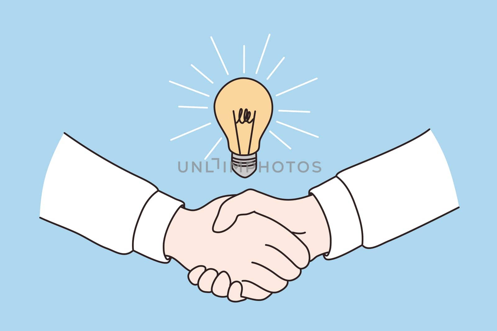 Business agreement and deal concept. Two business people partners shaking hands after great creative agreement with brilliant idea vector illustration