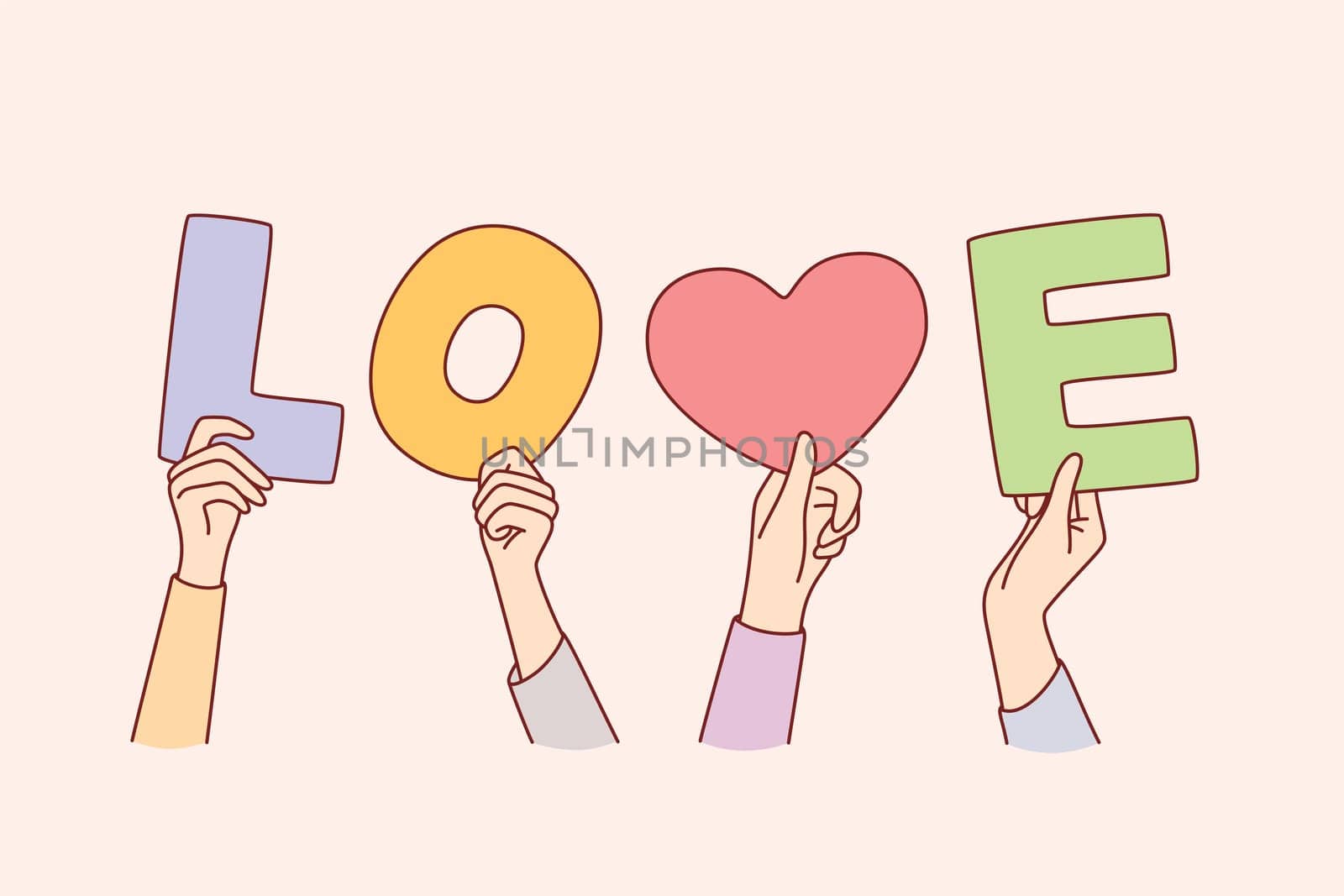 Concept of charity and love. Human hands forming love word with letters and symbols meaning positive attitude vector illustration.