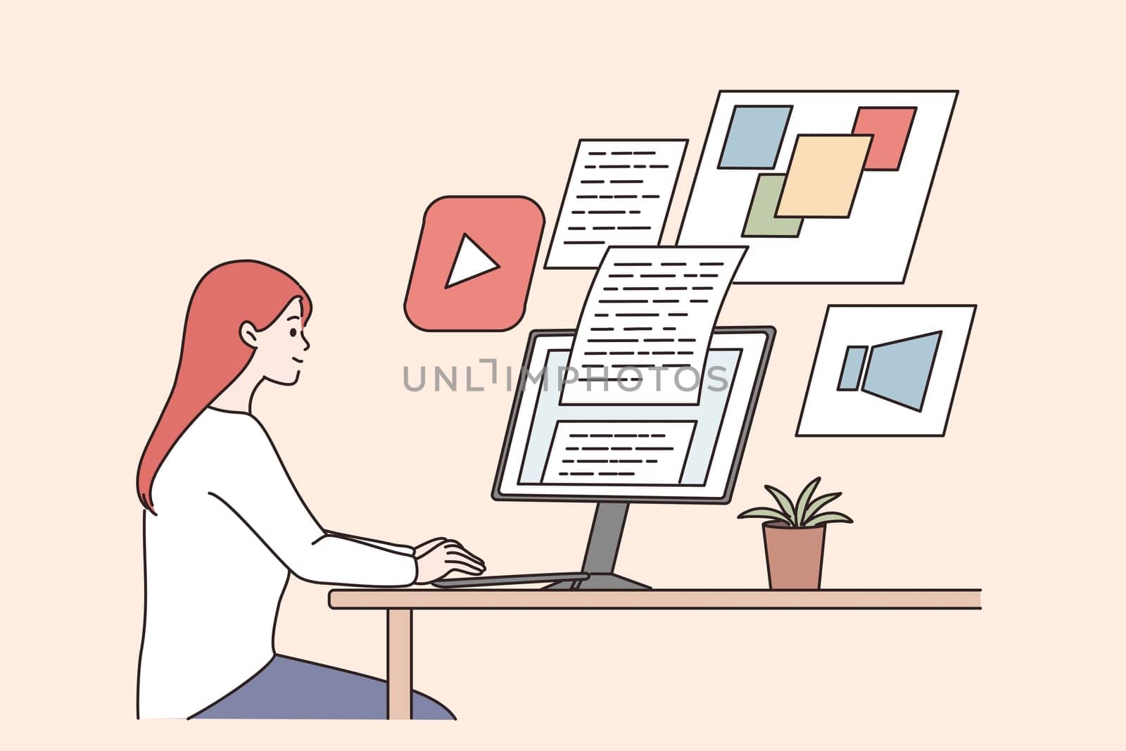 Creativity, remote work, freelance concept. Young smiling woman designer sitting working on computer looking at screens and documents illustration vector