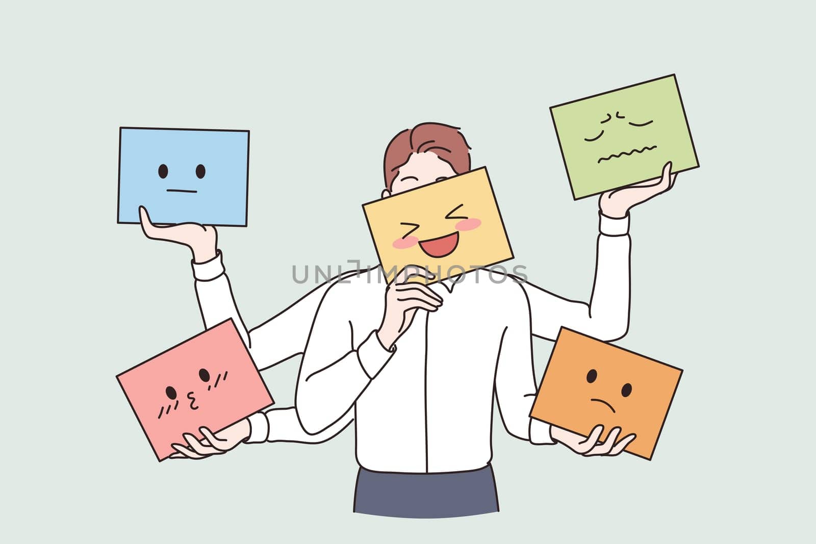 Various emotions and emoji concept. Male person cartoon character standing changing different emotions with colorful emoji vector illustration