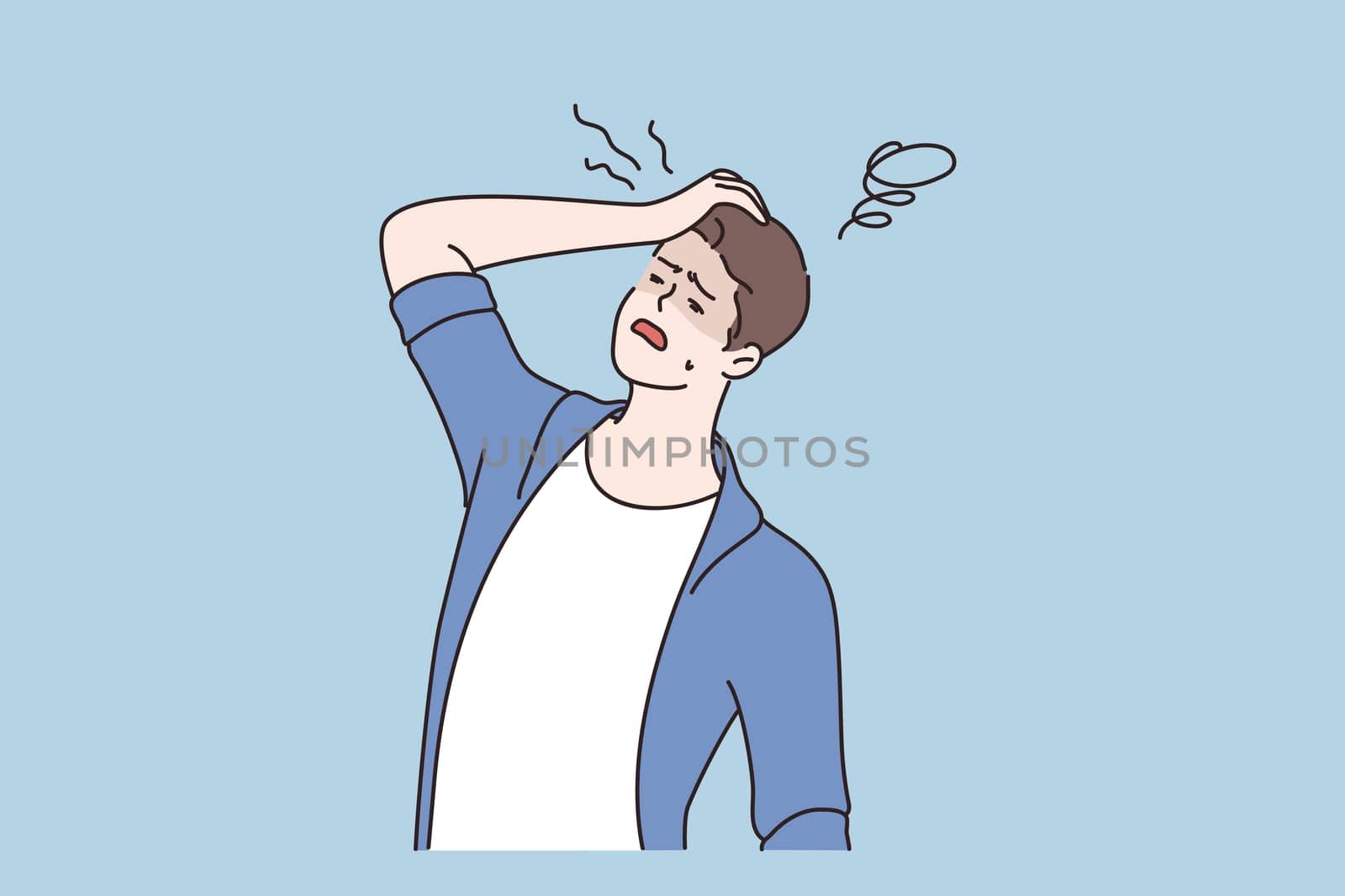 Man fainting and Symptom of disease concept. Sick unhappy irritated man cartoon character standing holding head having dizziness vector illustration