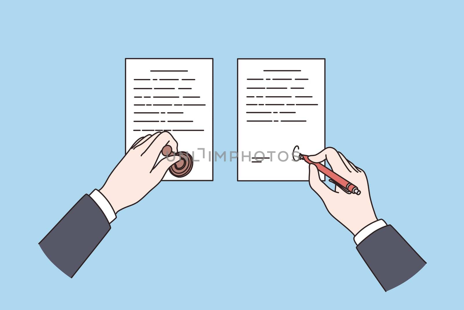 Official Notarization of documents concept. Hands of notary holding stamp and making signature on papers on blue background isometric vector illustration, top view