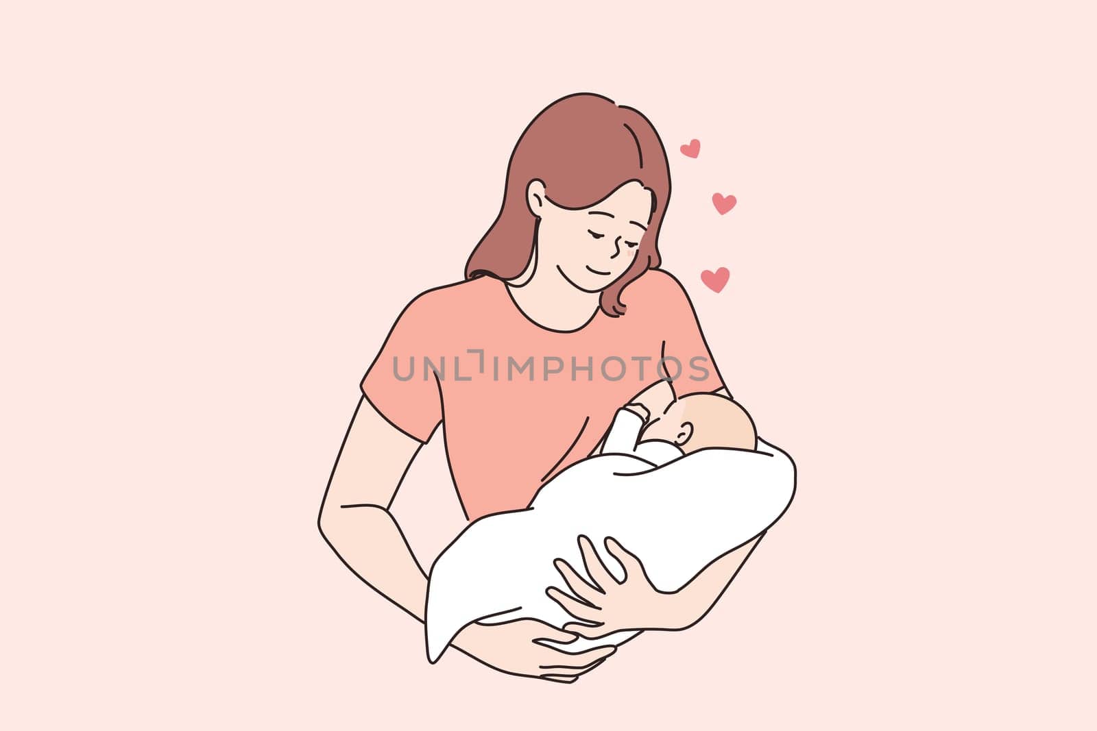 Breastfeeding, happy motherhood and childhood concept. Happy loving young woman mother feeding her baby with breast milk vector illustration