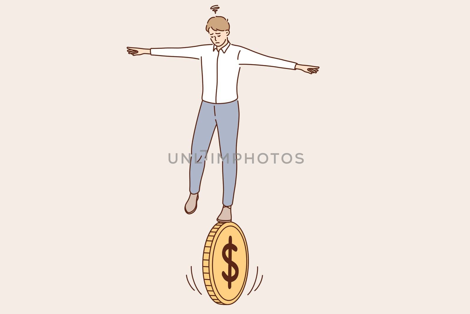Business financial risk, balance of economics concept. Young businessman cartoon character standing balancing not to fail from walking on golden coin feeling doubt vector illustration