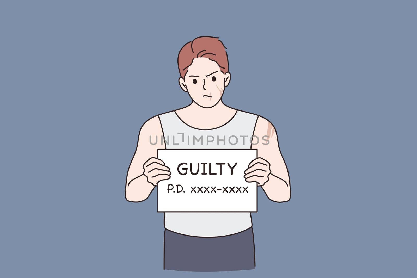 Criminal avatar, Robber, thief, bandit photo. Man cartoon character standing beside wall with black board in hand and word guilty looking at camera vector illustration