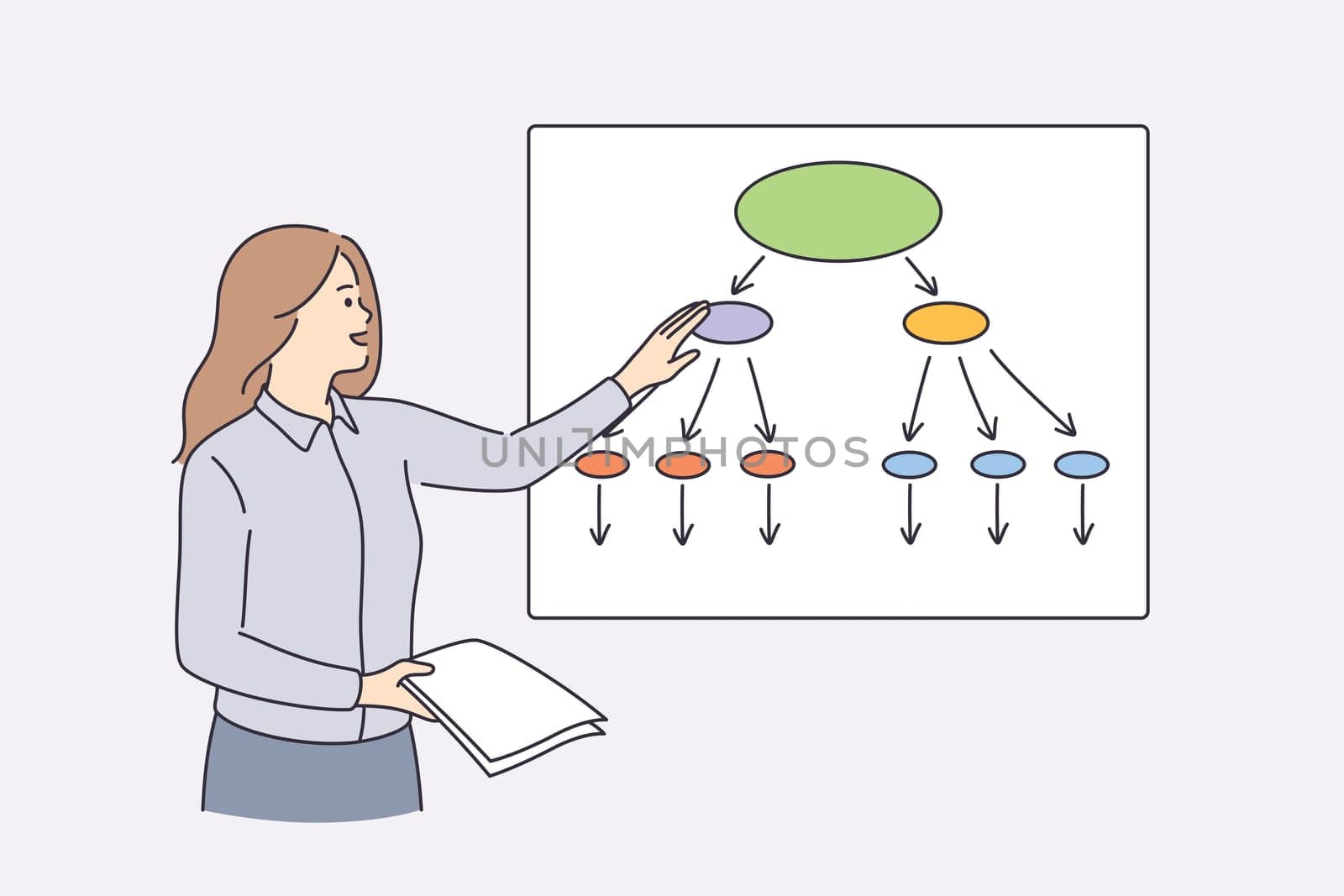 Business presentation, marketing and plan concept. Young positive Woman business worker making business presentation and pointing at board with business plan vector illustration