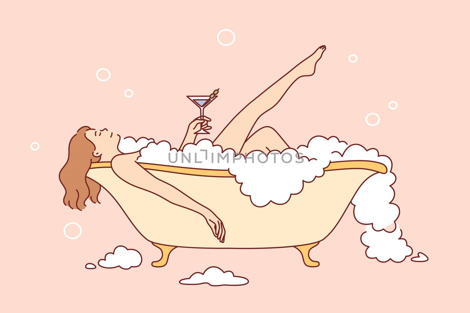 Skincare, pleasure, relaxation at home concept. Young pretty Woman cartoon character taking bath with bubble and drinking cocktail for hygiene and beauty feeling positive vector illustration