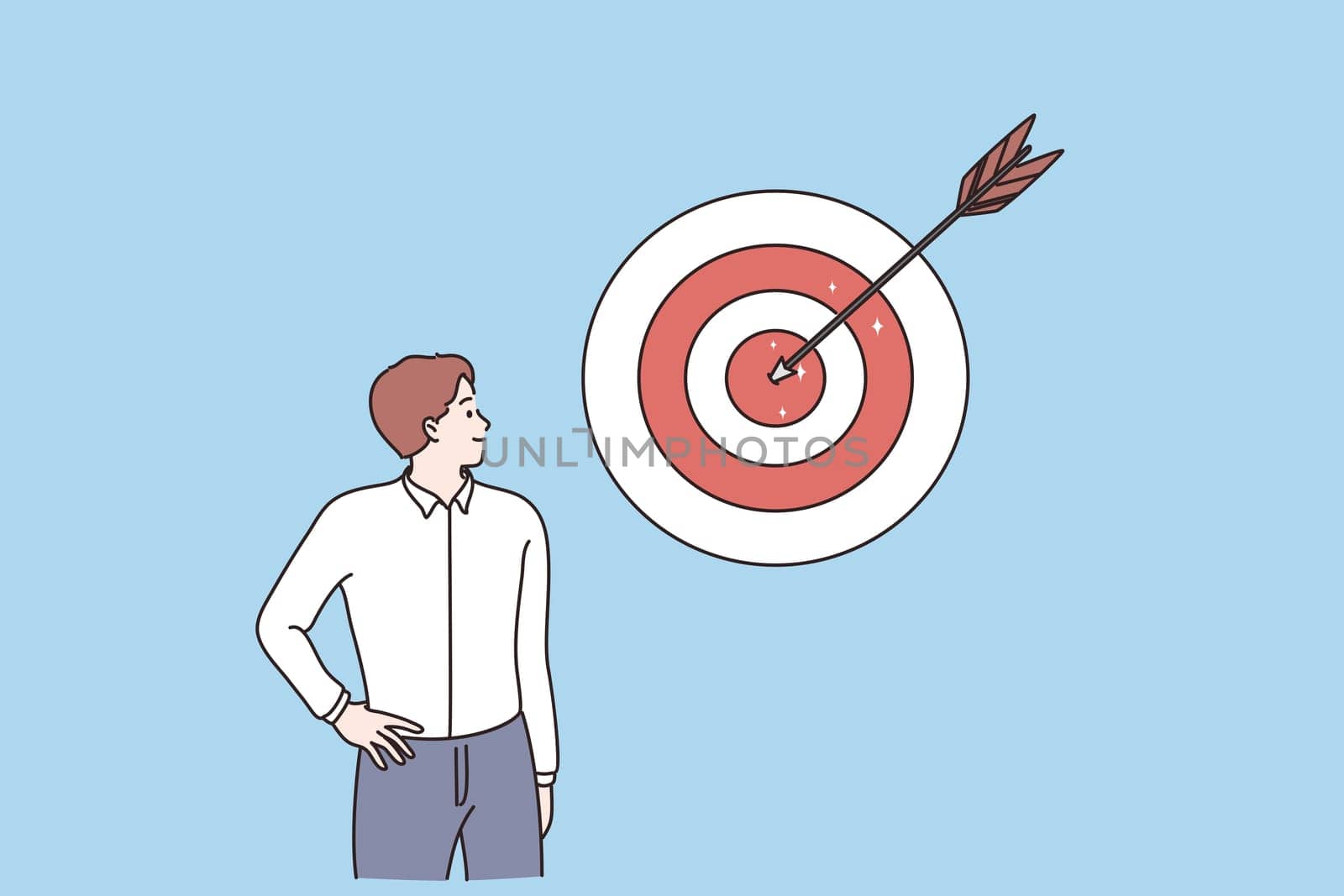 Business success, achieving goal, leadership concept. Young smiling businessman cartoon character standing looking at darts game with reached center arrow vector illustration