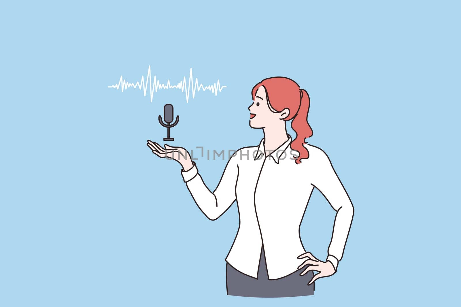 Voice assistant, speaker recognition concept. Smiling woman cartoon character standing showing voice controlled smart speaker activated digital assistants vector illustration