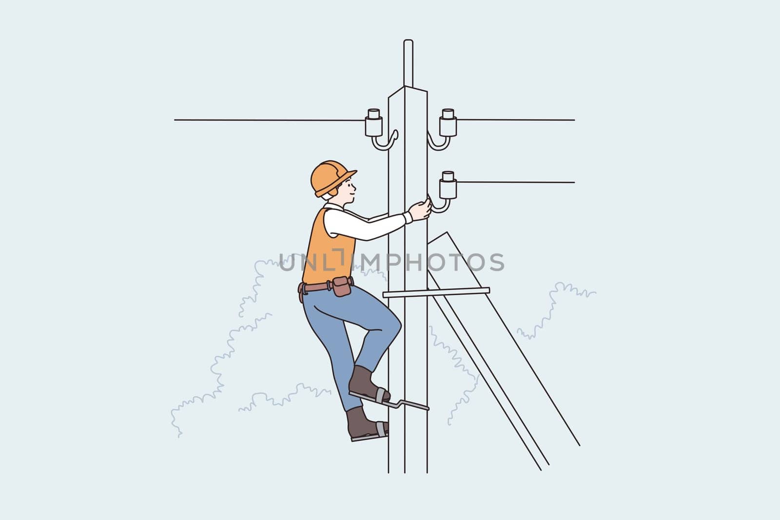 Lightning equipment and workers concept. Man Lineman worker climbing up telephone post, high voltage vector illustration