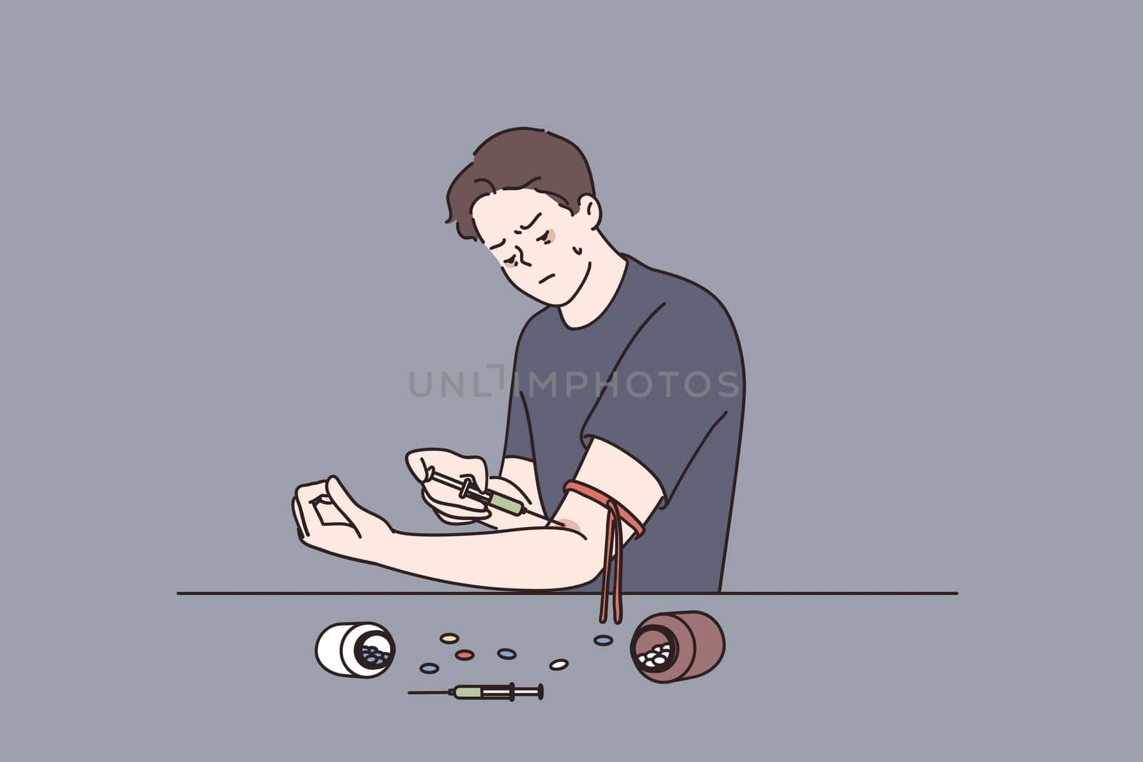 Addiction to drug and health danger concept. Young sick man cartoon character using syringe and medical pills Vector illustration