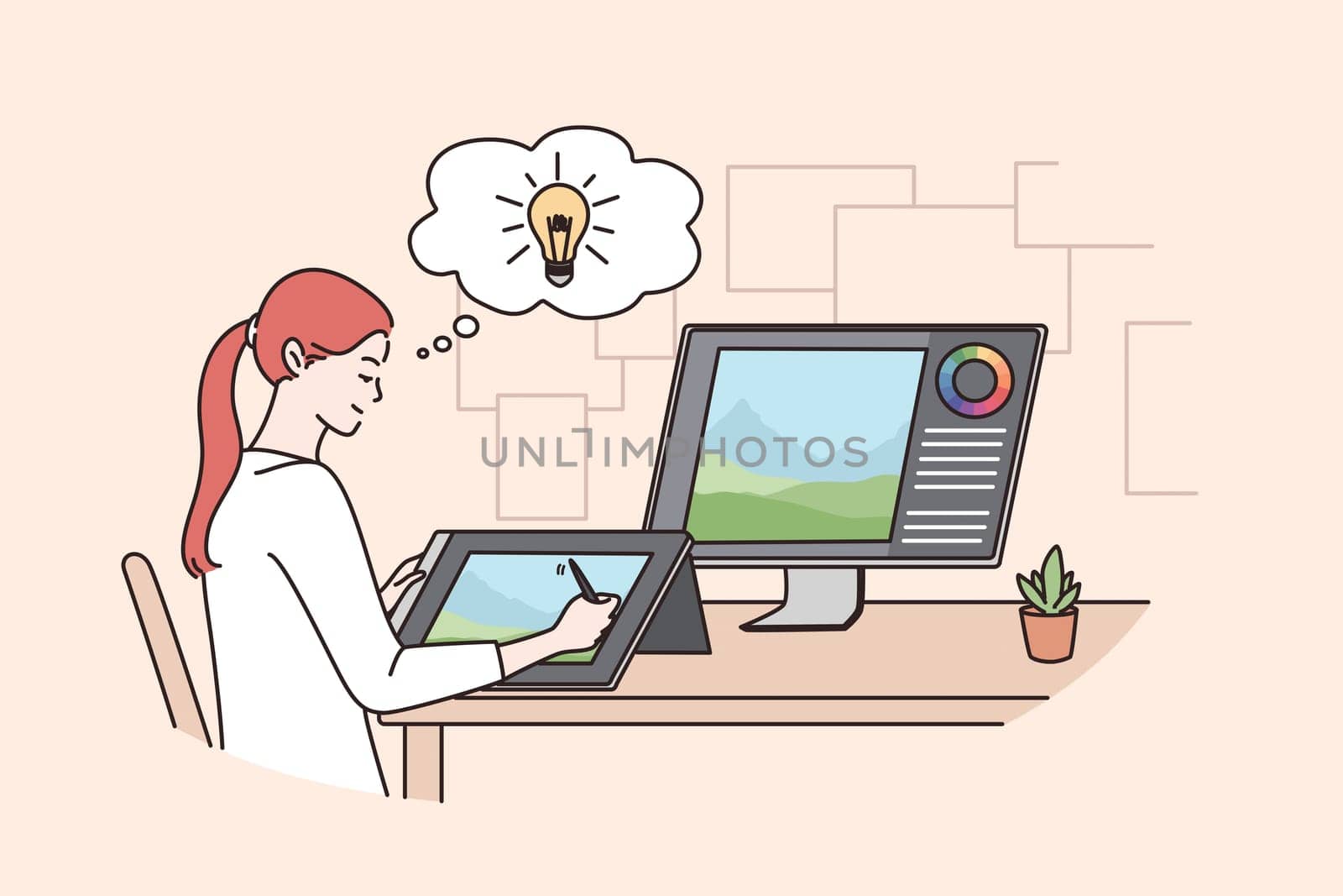 Having creative work idea concept. Young caucasian positive woman designer sitting at laptop with great ideas in head and light bulbs above vector illustration