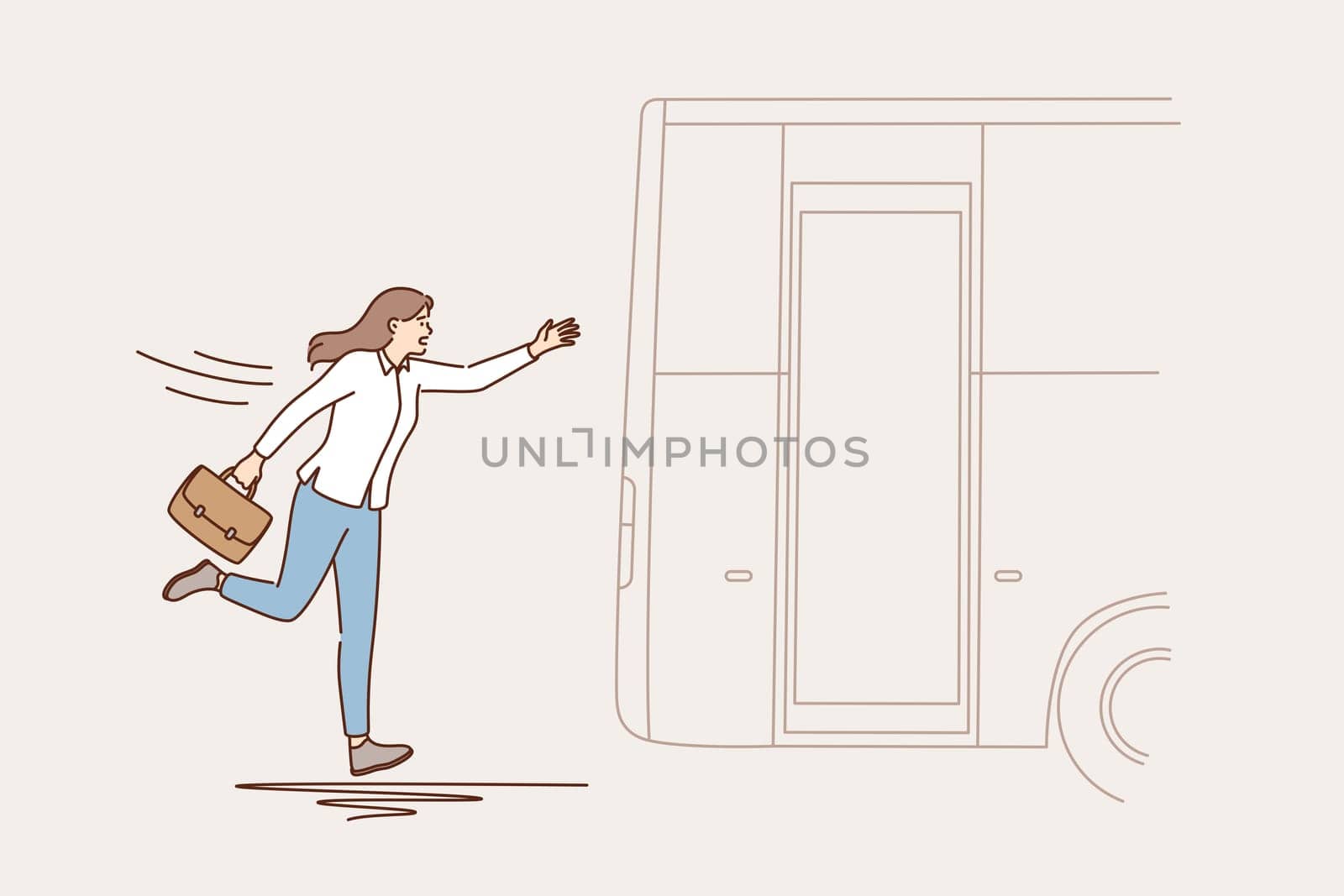 Lateness and lack of time concept. Business woman cartoon character running trying to catch leaving bus outdoors vector illustration