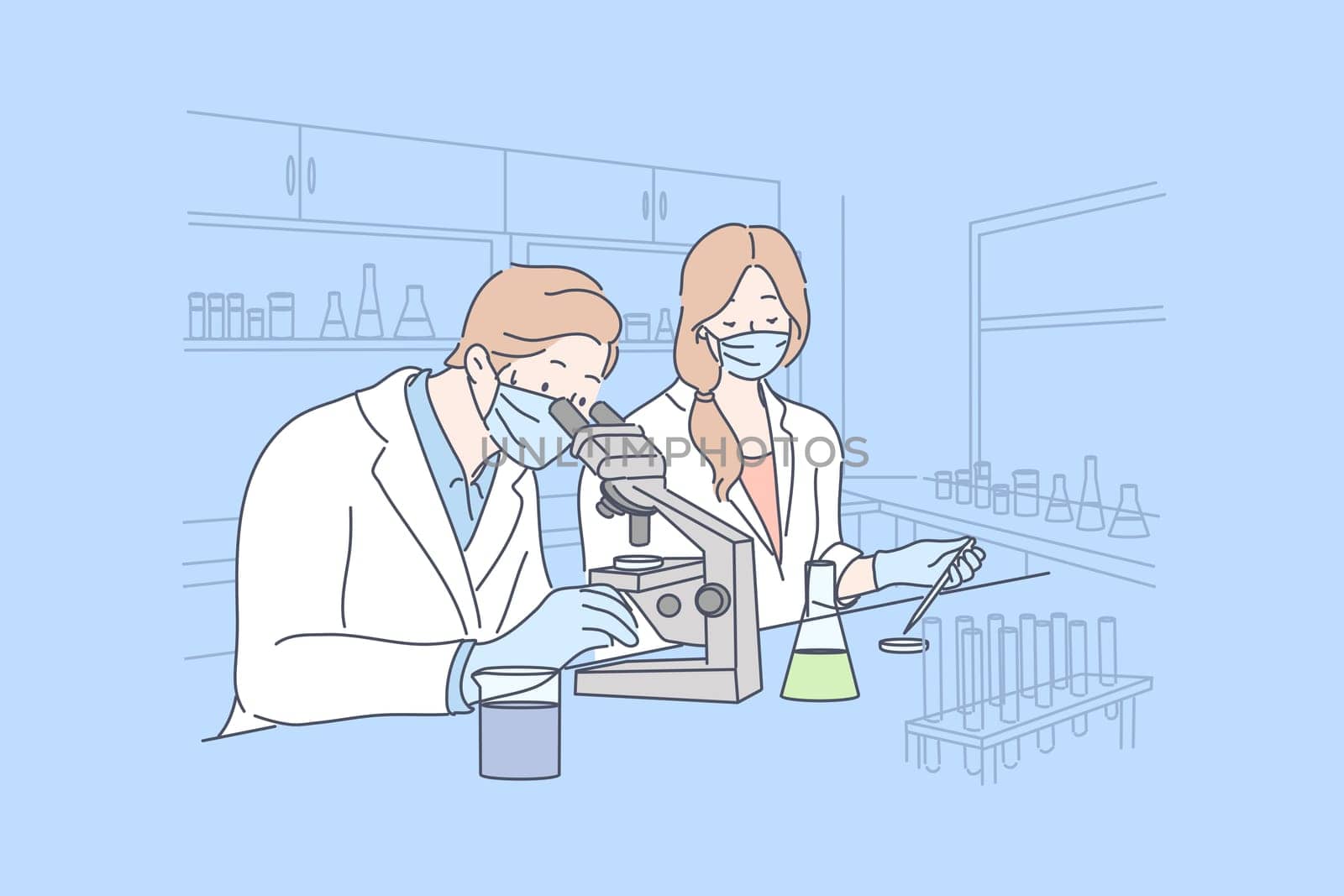 Science, coronavirus, chemistry, medical vaccine concept. Team of man and woman doctors workers in medical face mask creates vaccine from COVID19. Scientific test academic research 2019ncov infection.