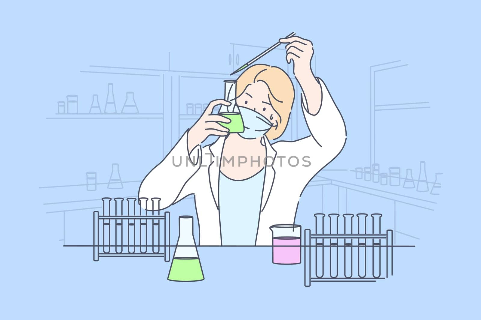 Science, chemistry, experiment concept. Young happy woman scholar medical worker makes chemical reaction with reagents in laboratory. Scientific test academic research or vaccine creation illustration