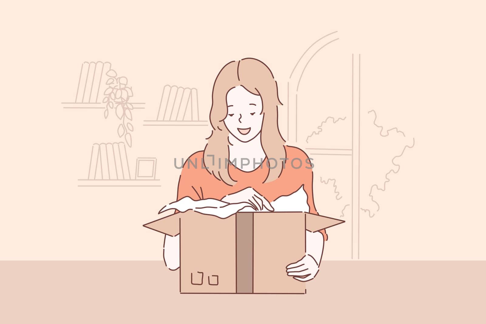 Unwrapping pleasant surprise, package delivery concept. Young girl unpacking cardboard parcel with delighted facial expression, customer opening box. Simple flat vector