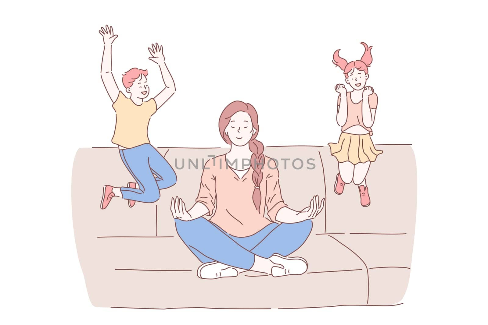 Motherhood, psychological balance concept. Mother meditating in lotus pose with excited kids jumping on sofa, relaxed mommy practicing yoga calming techniques. Simple flat vector