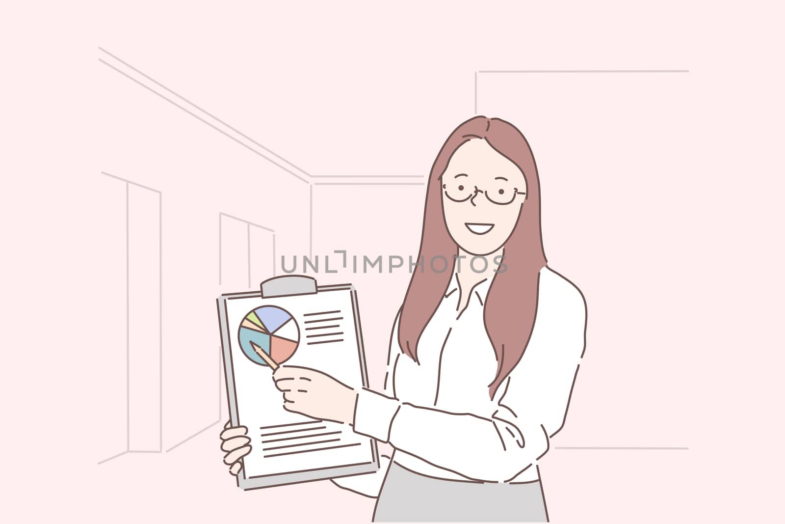 Analytics, progress indicator, conference planning concept. Young happy woman businesswoman analyst presentation of performance for period. Successful girl shows chart of indicators data. Flat vector.