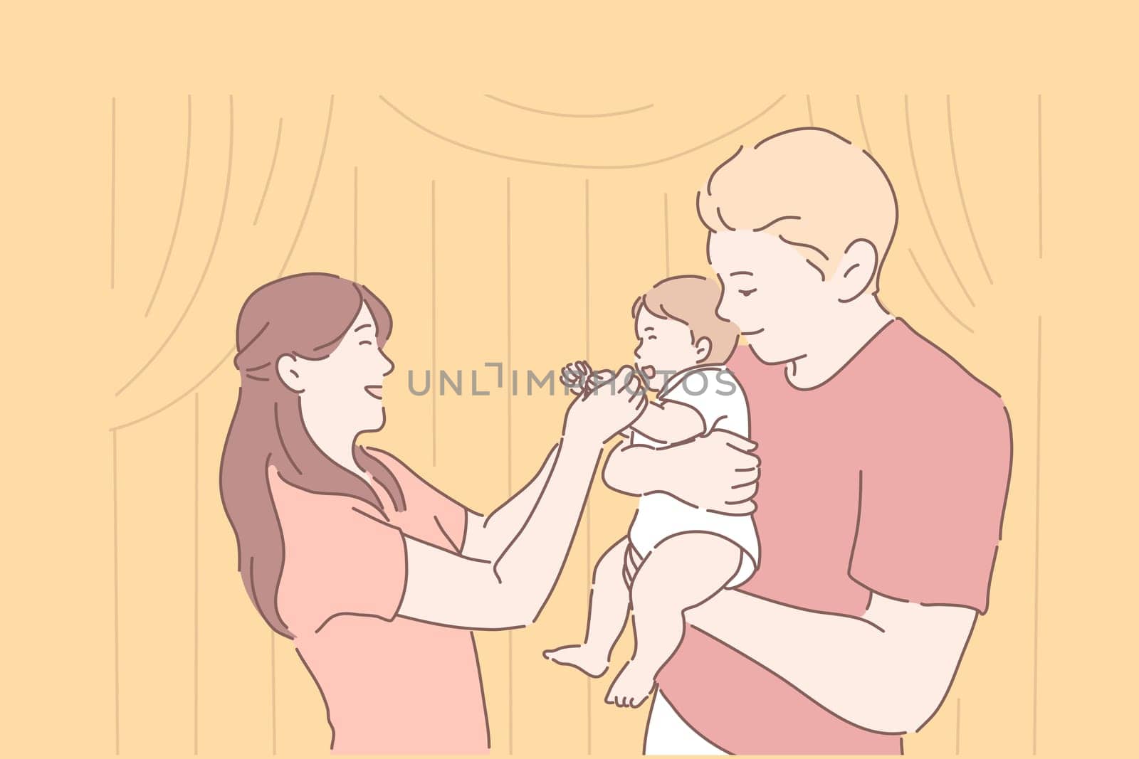 Family, parenthood, childhood, together concept. Young happy parents, man and woman rejoice in their firstborn child girl or boy. Mom and dad holding smiling baby. Adoption. Simple flat vector.