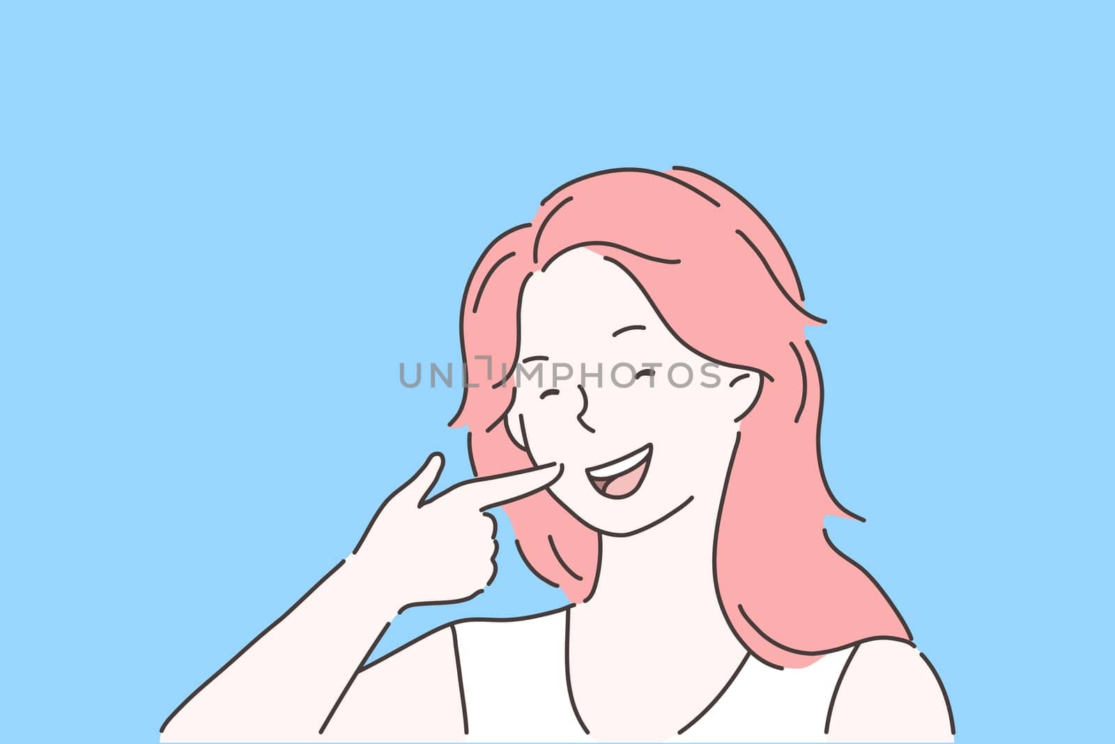 Satisfied stomatology client concept. Woman pointing at teeth with index finger, dental clinic patient happy with beaming smile after teeth whitening procedure. Simple flat vector