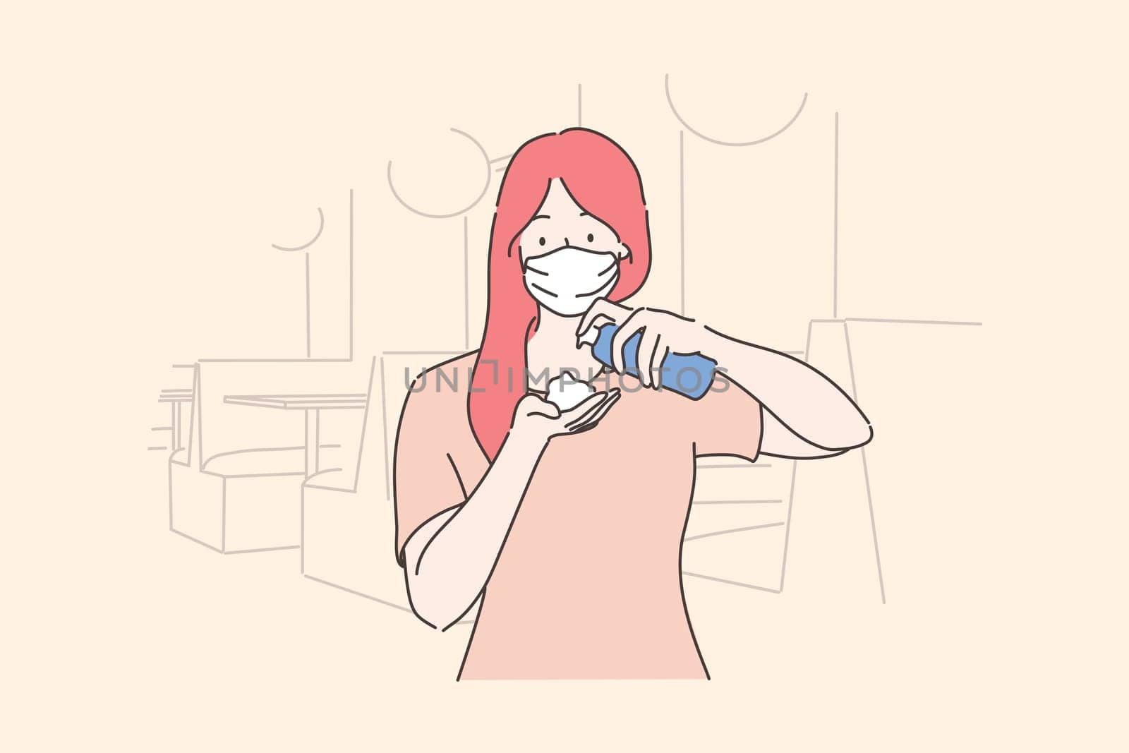 Healthcare, quarantine, protection, coronavirus infection concept. Young woman girl with medical face mask pouring antiseptic on hands. Preventive measures from Covid19 desease and 2019ncov biohazard.