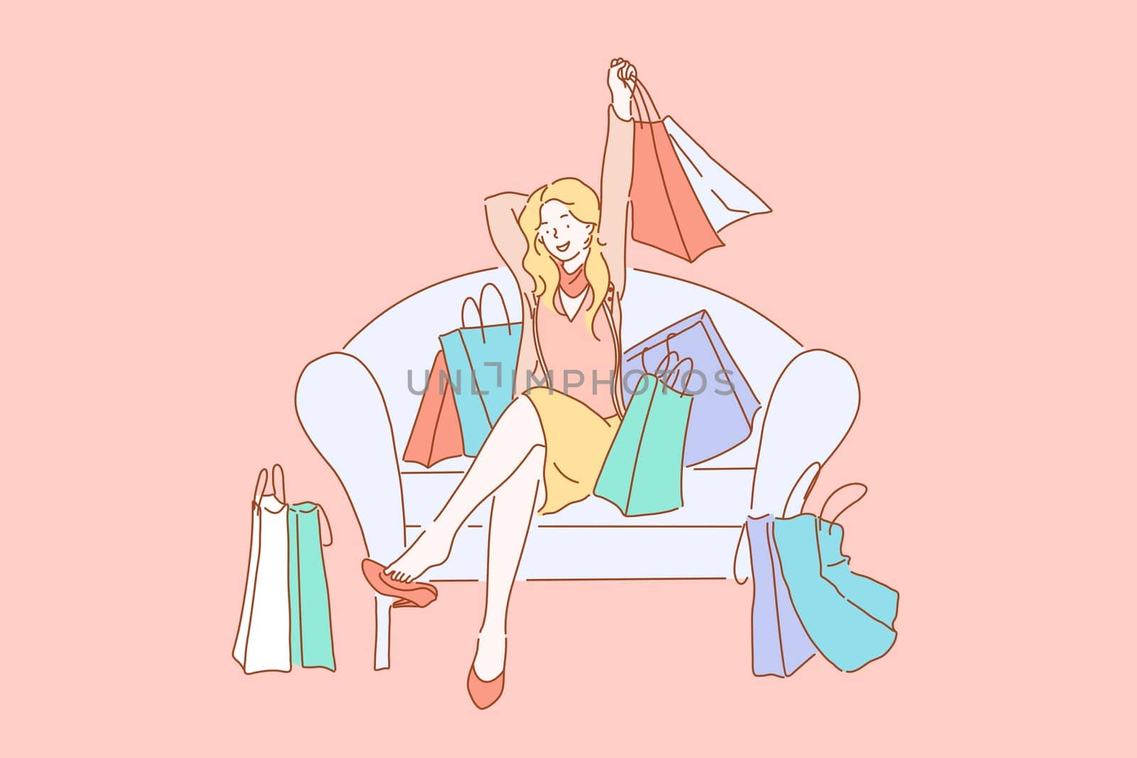 Happy shopaholic with purchases, consumerism concept. Young female buyer, cheerful fashionista with shopping bags sitting on sofa satisfied after visiting boutiques. Simple flat vector