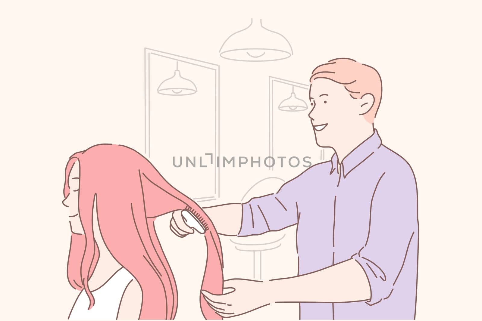 Beauty shop, haircare cut concept. Young professional hairdresser makeup artist combs client treats hair. competent employee in salon communicates with regular customer during work. Flat vector