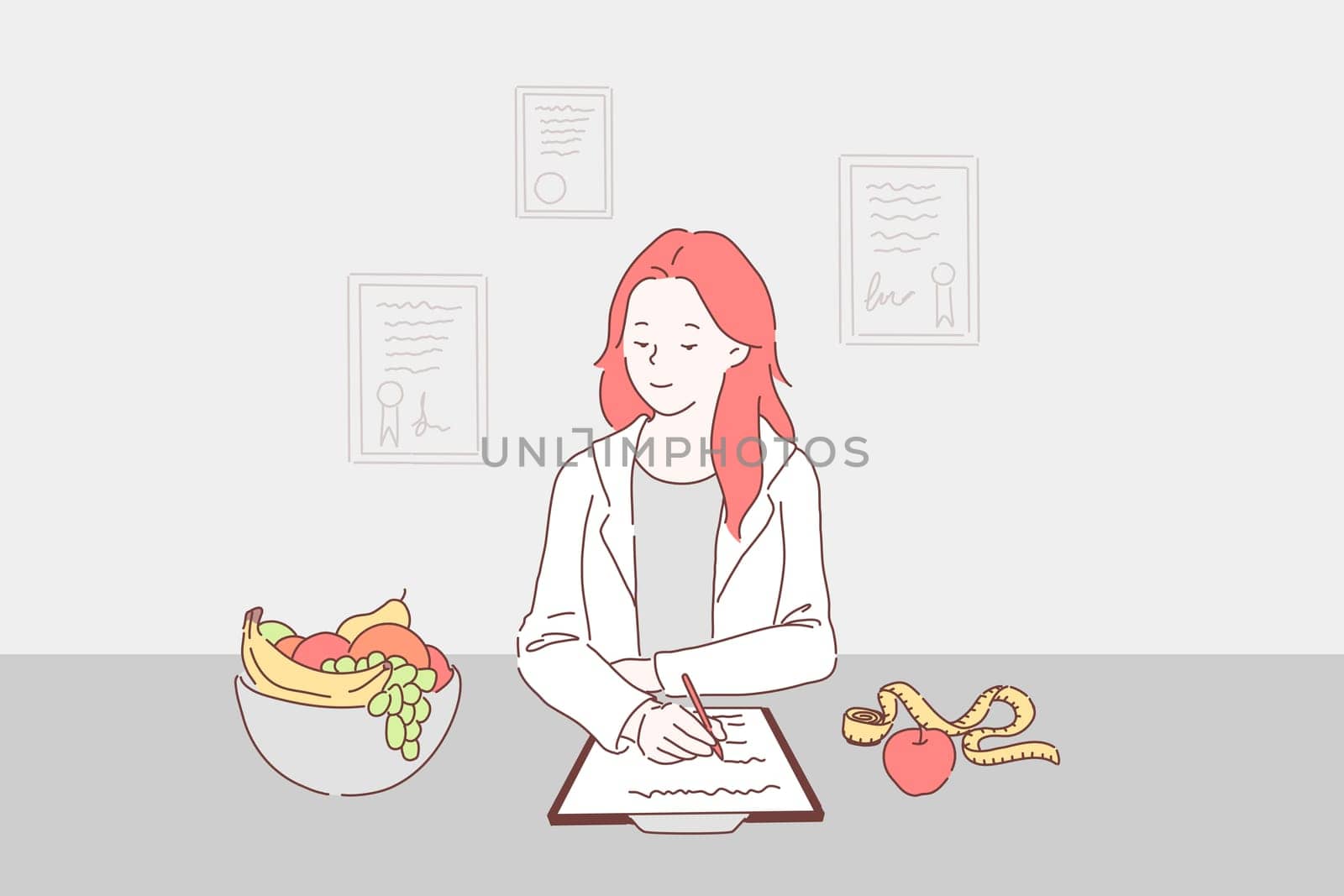 Balanced diet for weight control concept. Dietitian writing healthy nutrition plan including fresh fruits to daily menu, nutritionist prescribing vegetarian diet. Simple flat vector