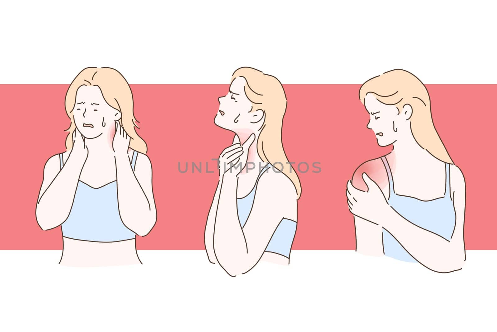 Young girl with arthralgia concept. Patient with sore throat, stretched neck muscles and painful joints inflammation, woman suffering from pain set. Simple flat vector