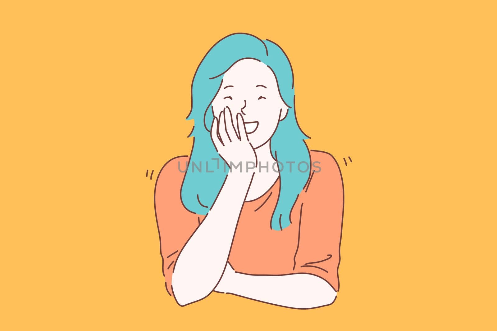 Laugh, joke, smile concept. Young joyous happy woman or girl with charisma laughs carefree. Smiling lady giggling closing her mouth with her hand out loud not hiding her emotions. Vector flat design.