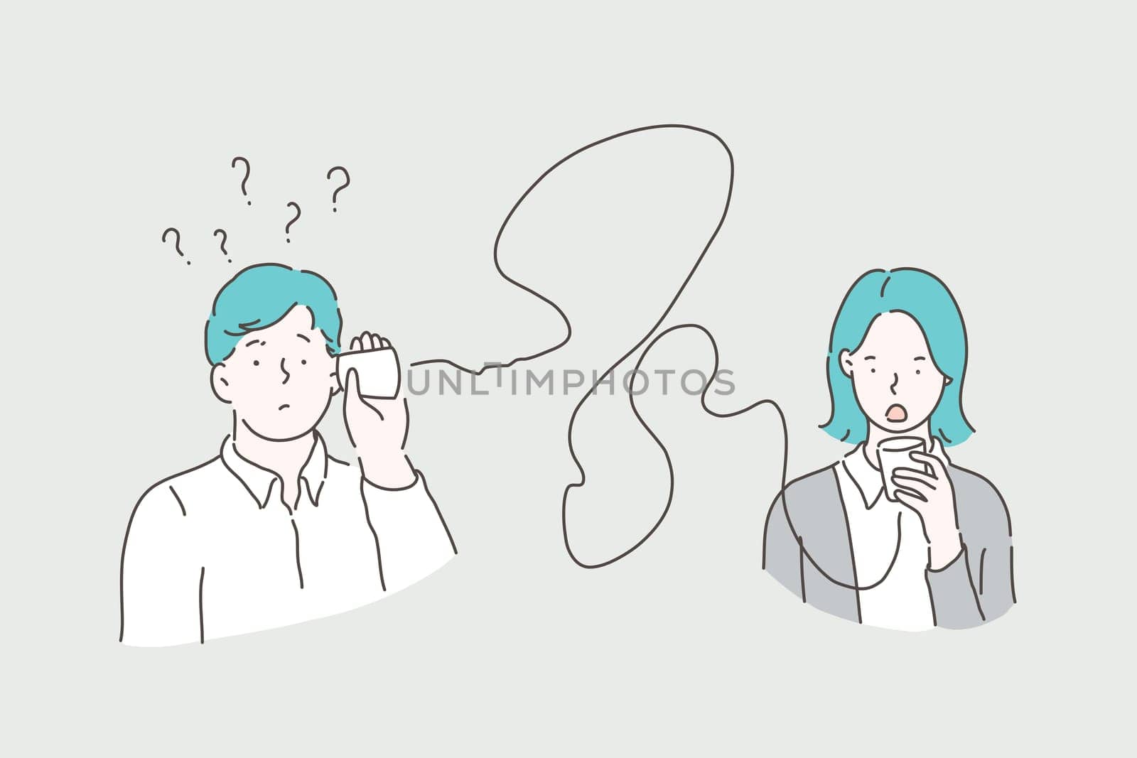 Miscommunication, tin can communication concept. Couple having misunderstanding, misperception problem, man and woman trying to communicate with old technologies. . Simple flat vector