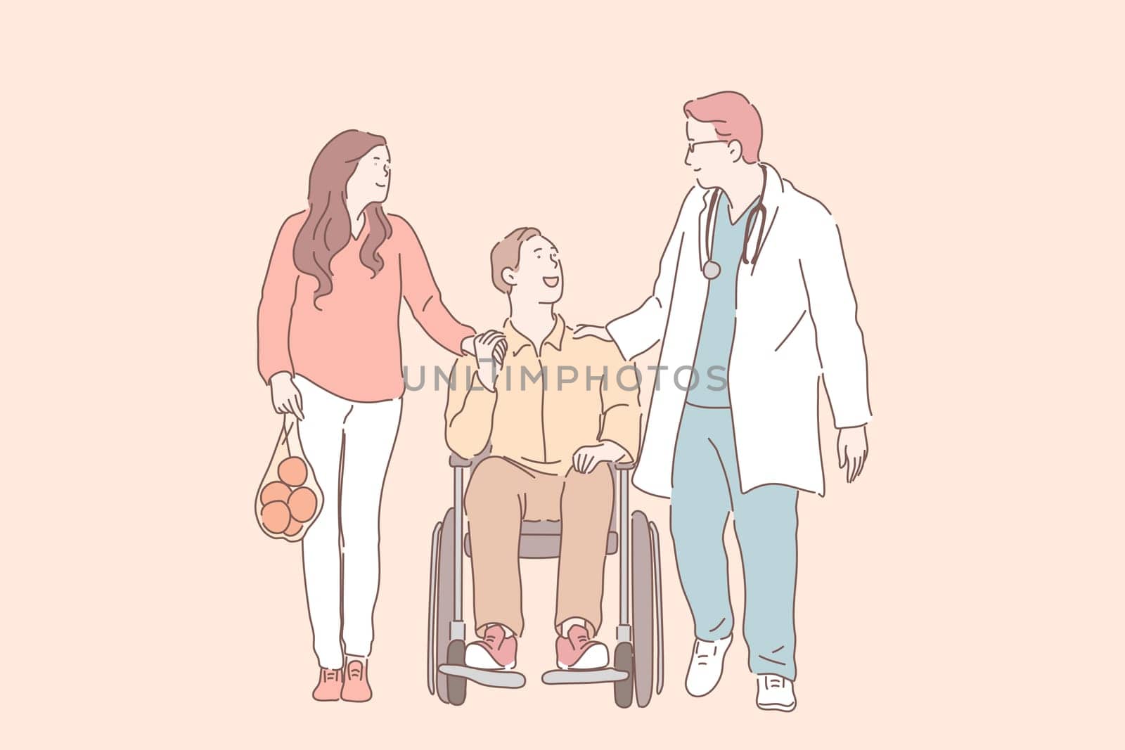 Disability, injury, health, support concept. Young man in wheelchair with his wife talking to physiotherapist. Positive prognosis, rehabilitation. Invalid guy and girl met with doctor. Flat vector.
