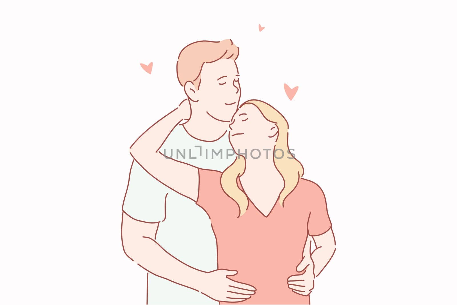 Love, newlyweds, family, sympathy concept. Young couple lover man and woman hugging, enjoying each other. Acquaintance of girl and guy, prelude of touch. Romantic satisfaction. Simple flat vector.