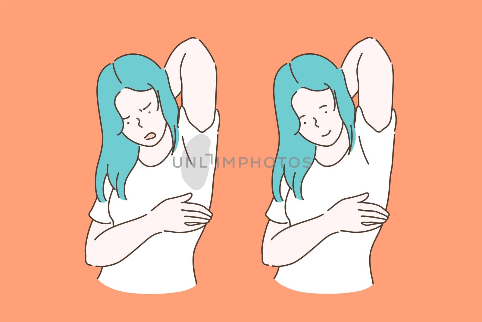 Sweat, hyperhidrosis, hygiene concept. Young woman or girl with a bad mood with a problem of wet armpit from sweat, before and after. Advertising a remedy for stains on clothing and odor for teenagers