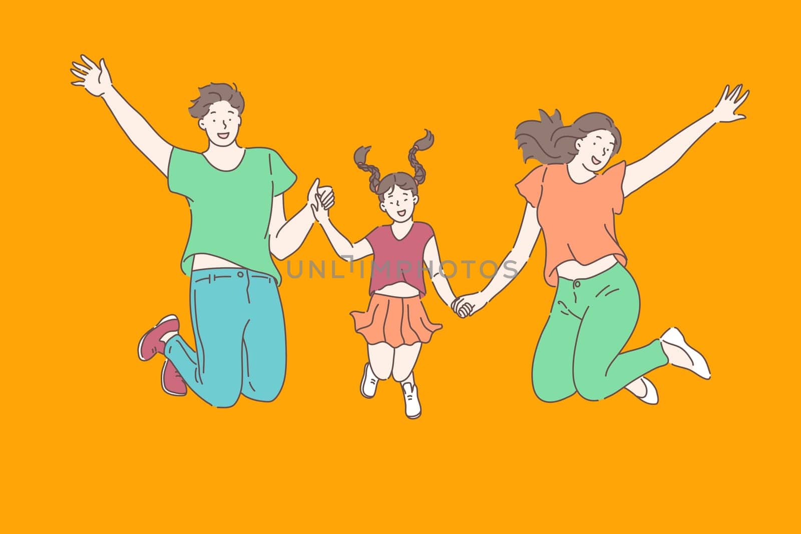 Family, relationships, leisure concept. Young happy mom dad and daughter in a good mood jumping on the trampoline holding hands. Close relationship celebration, delight. Vector flat design.