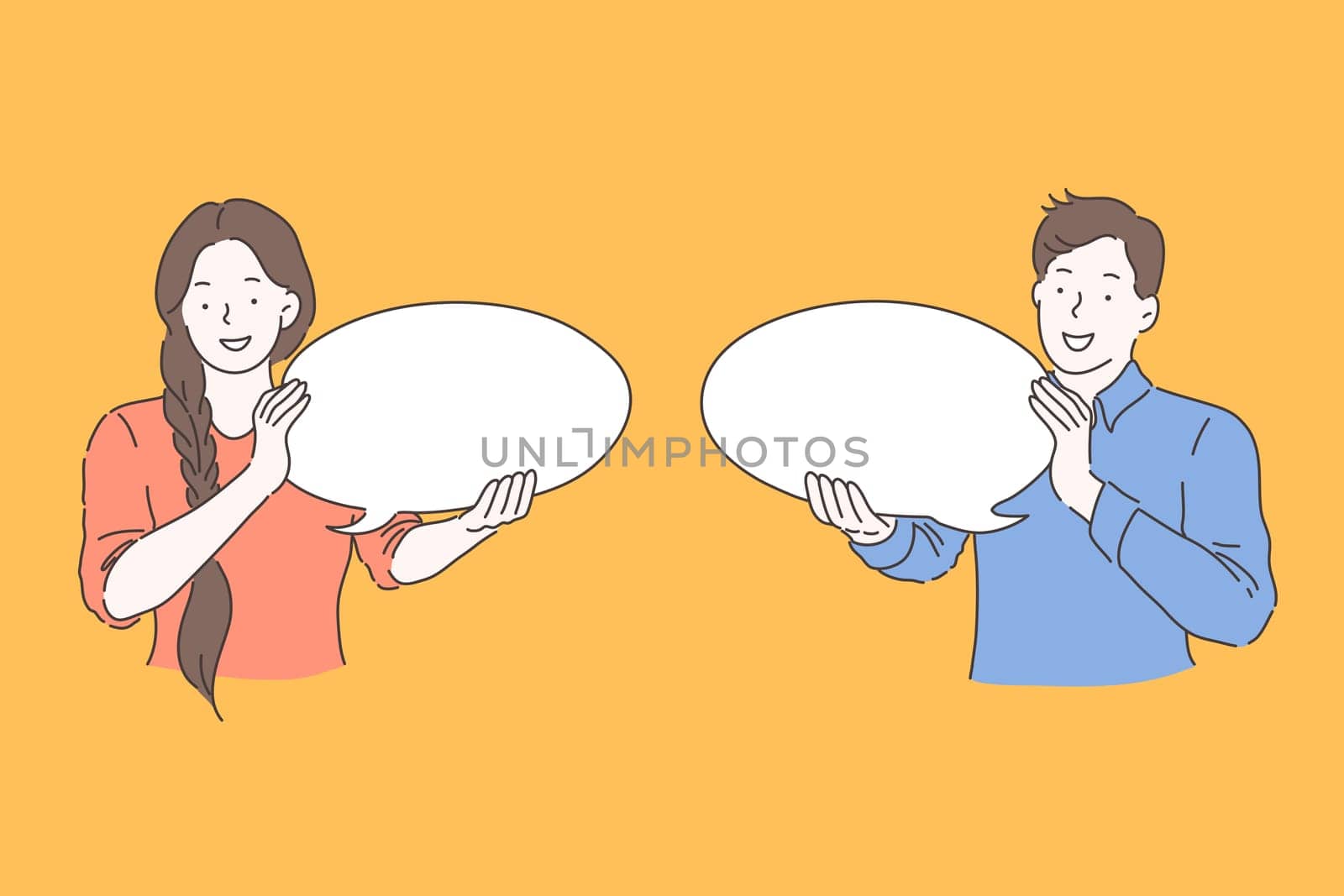 Speech bubble, advertising, communication concept. Young happy smiling man and woman couple, holding thought bubble, are chatting. Guy and girl teenagers promote their ideas. Vector flat design.
