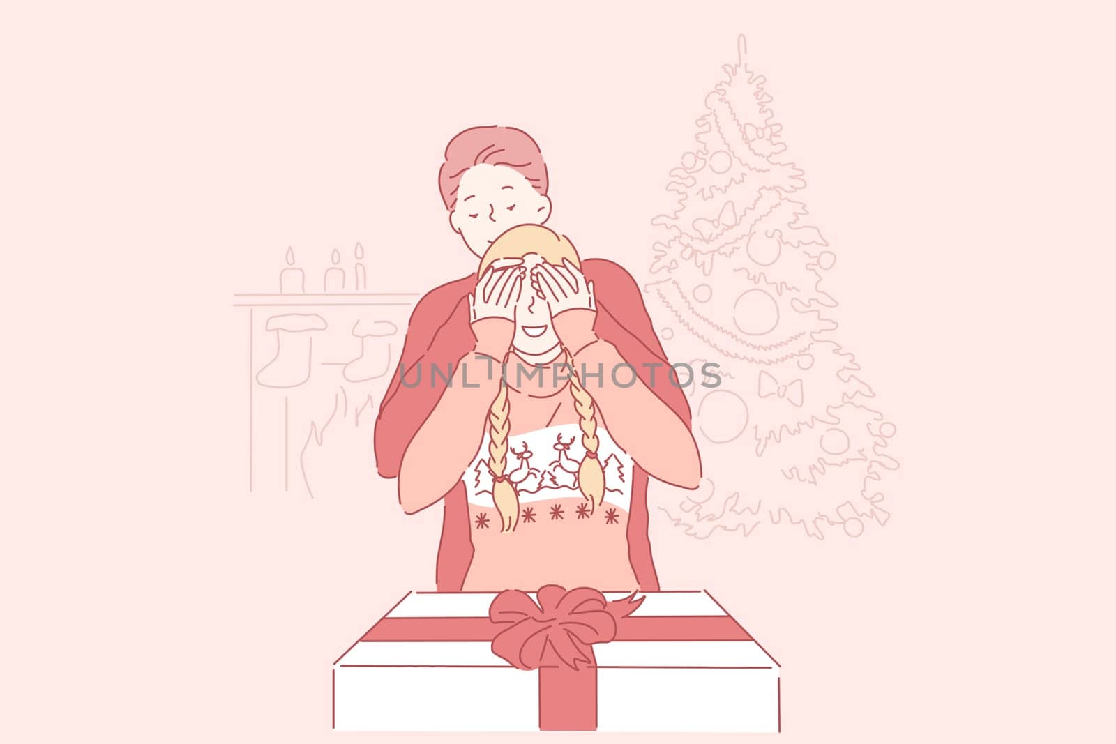Christmas, surprise, family concept. Young man prepared a gift to his girlfriend closed her eyes with his hands for Christmas or new year at home. Loving couple. Vector flat design.