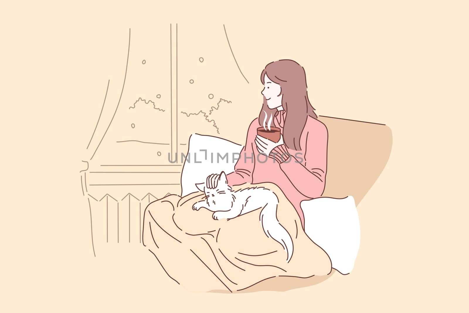 Cozy, relax, dream concept. Young woman or girl enjoys the comfort of sitting on a chair with a blanket and caressing her pet cat. Thoughtful lady in looks out the window and drinks tea or coffee.