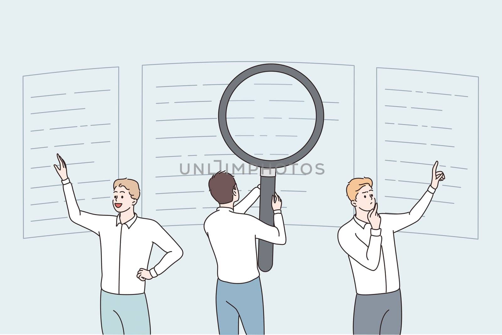 Search engine optimization for business sketch. Business people looking in details at business indicators analyzing information data vector illustration