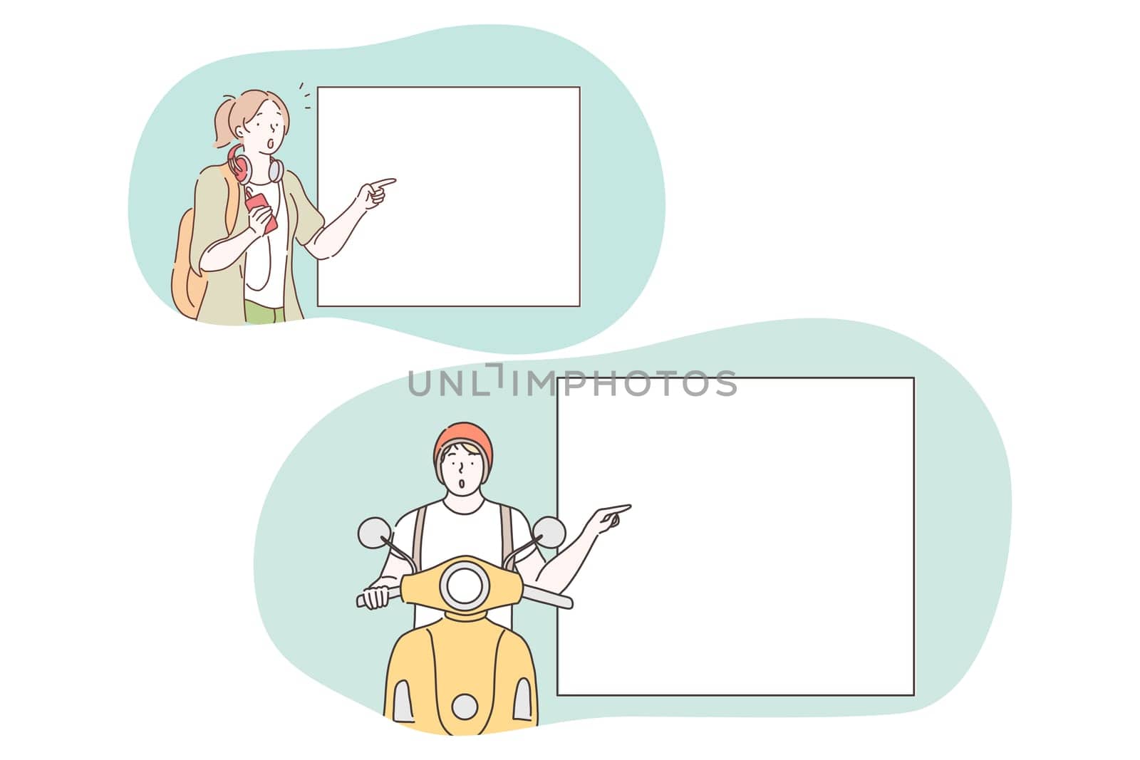 Demonstration, promotion, advertisement concept. Young woman and motorcyclist pointing with fingers at white blank placard with copy space for text and advertising isolated over white