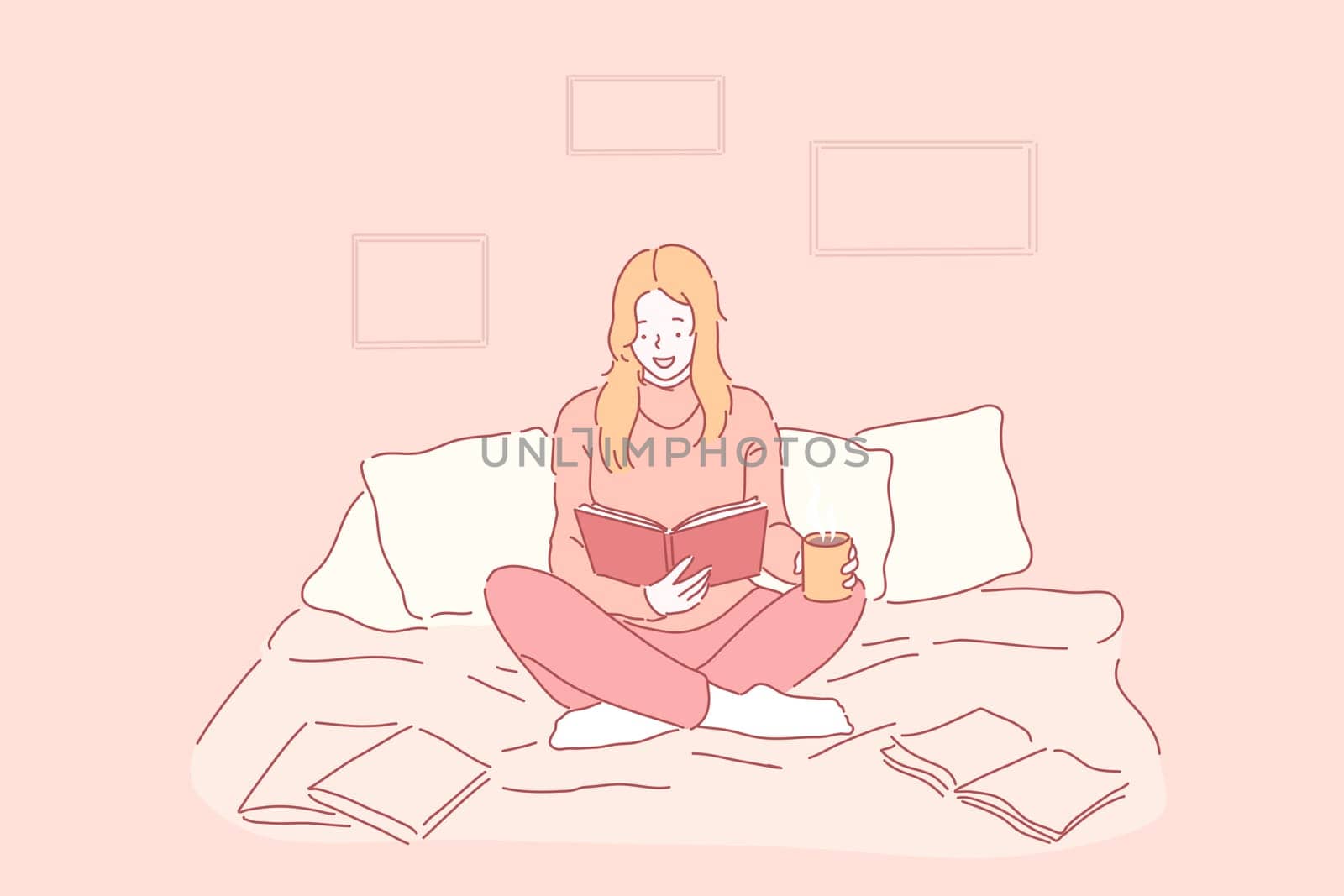 Hobby, leisure, comfort concept. Young happy woman or girl in a good mood reading a book in the cosiness of drinking tea, coffee. Sweet lady is getting ready for the exam, relax at bedroom. Flat
