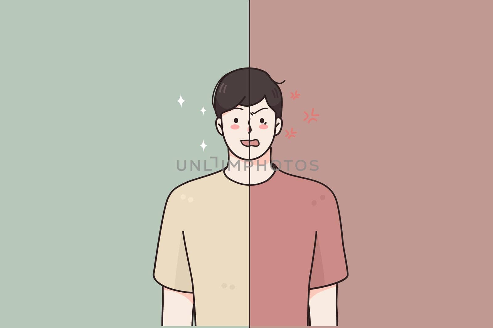 Mental problems, bipolar disorder concept. Young man cartoon character standing with double face expression showing happy and aggressive facial emotions vector illustration