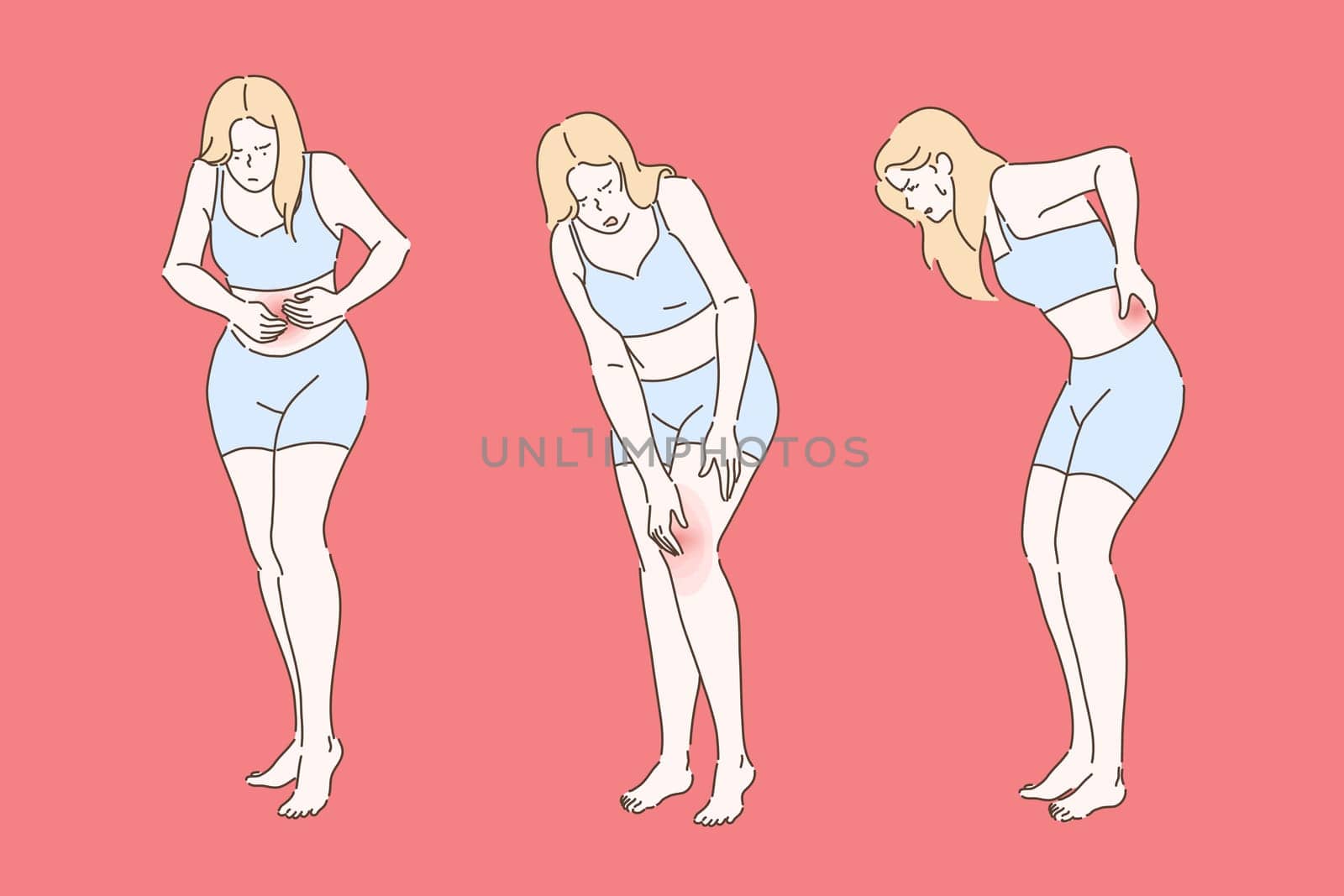 Woman twisted with painful periods concept. Girl suffering from painful knee joint inflammation, young lady bending with back and abdomen pain set. Simple flat vector