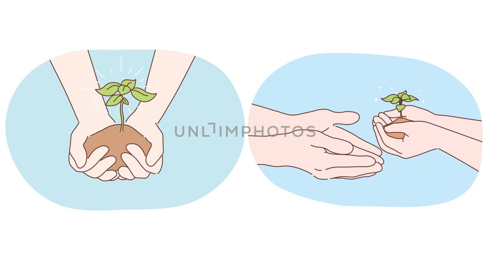 Ecology, environment protection and gardening concept. Human hands holding piece of ground with little green sprout in it and handing over to next generations as symbol of new life and ecosystem