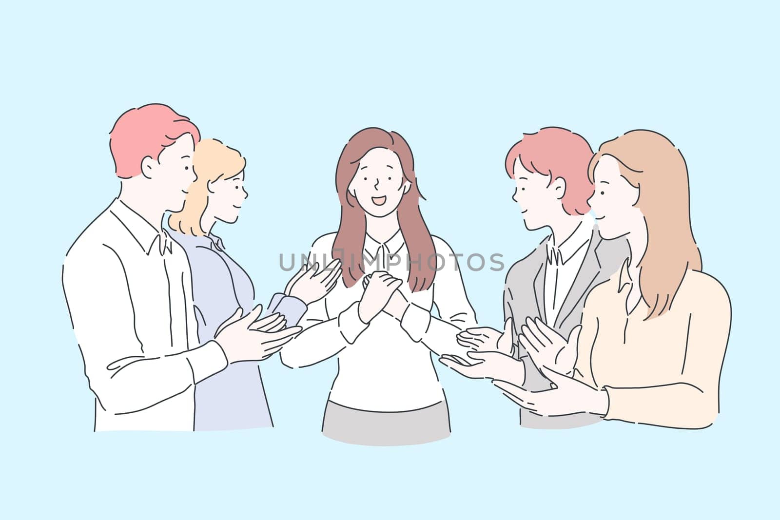 Business, career, win concept. Young happy happy woman or girl businesswoman receives congratulations from their colleagues in the office. Lady clerk got a promotion. Vector flat design