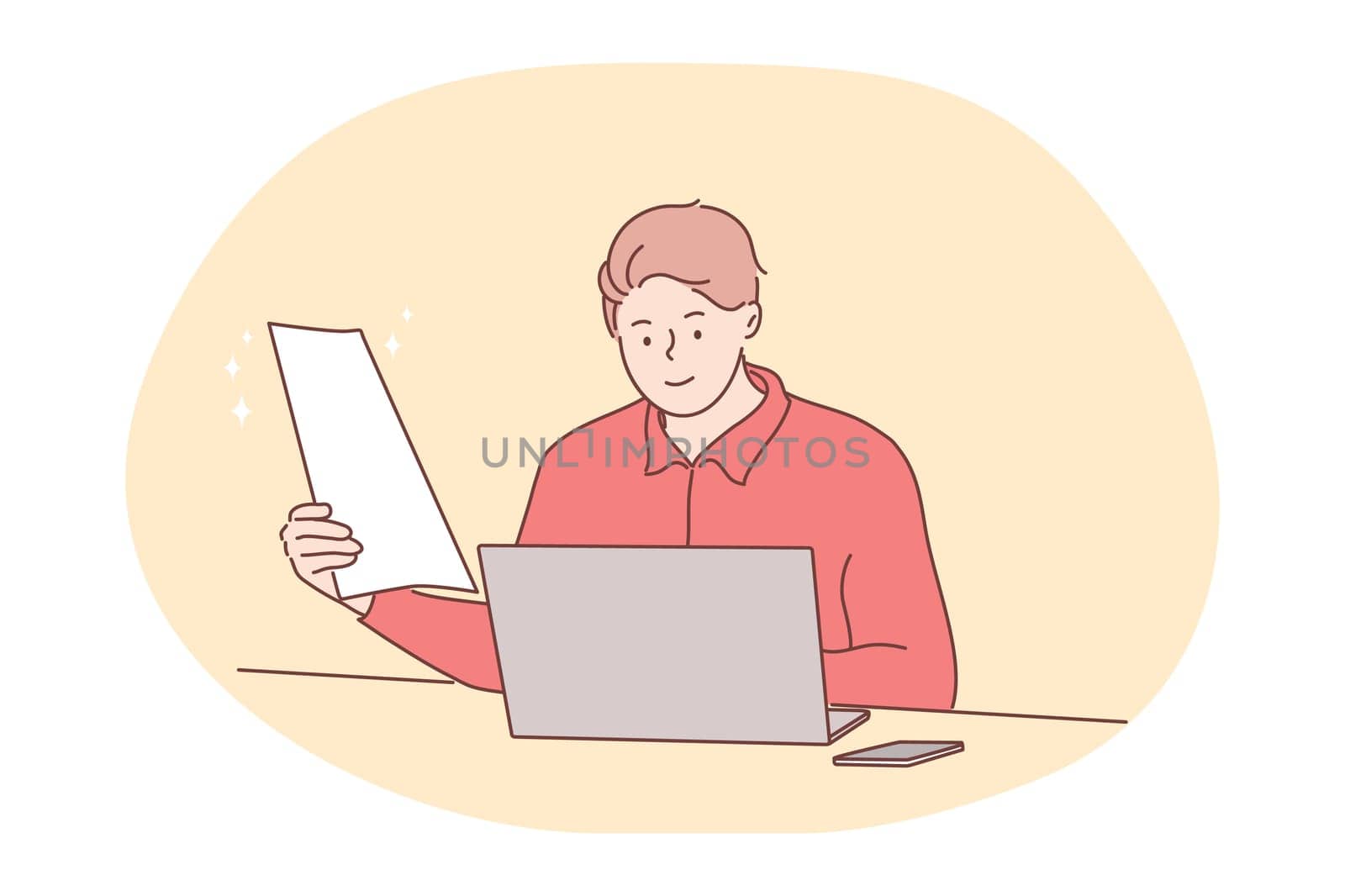 Business, work, online, freelance, recruitment concept. Man manager freelancer cartoon character working on laptop at office holding report or resume. Remote job at home web consultation illustration.