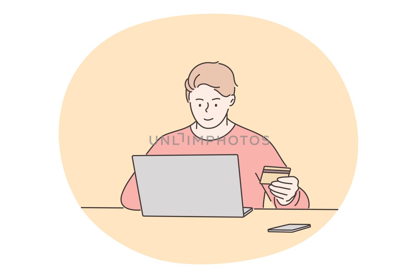 Online shopping, technology, business, payment concept. Young happy man freelancer sitting with laptop in office or home and holding plastic deposit card. Online investment and financial ecommerce.